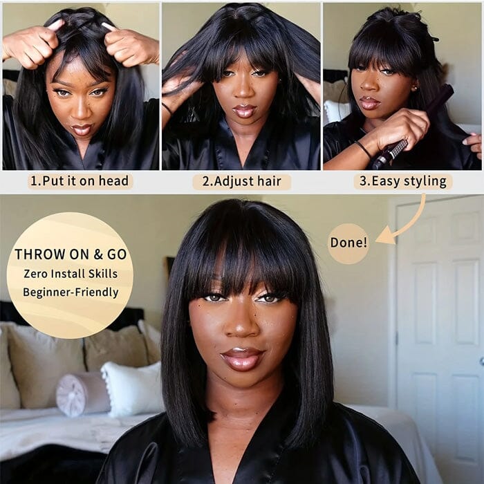 Put On and Go Realistic Glueless Bob Lace Wig with Bangs Virgin Human Hair Flash Sale ｜QT Hair