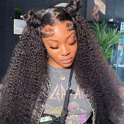 QT Hair 13X4 Kinky Curly Lace Frontal Wig Pre Plucked Hairline Natural Black Color ｜QT Hair
