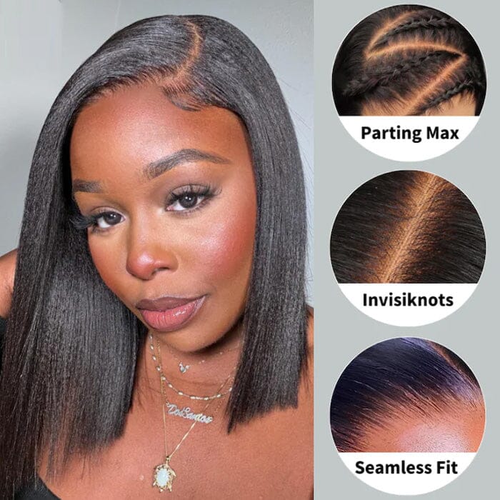 13x4 Kinky Straight Bob Wigs Pre Plucked Yaki Straight Lace Closure Wig Human Hair ｜QT Hair