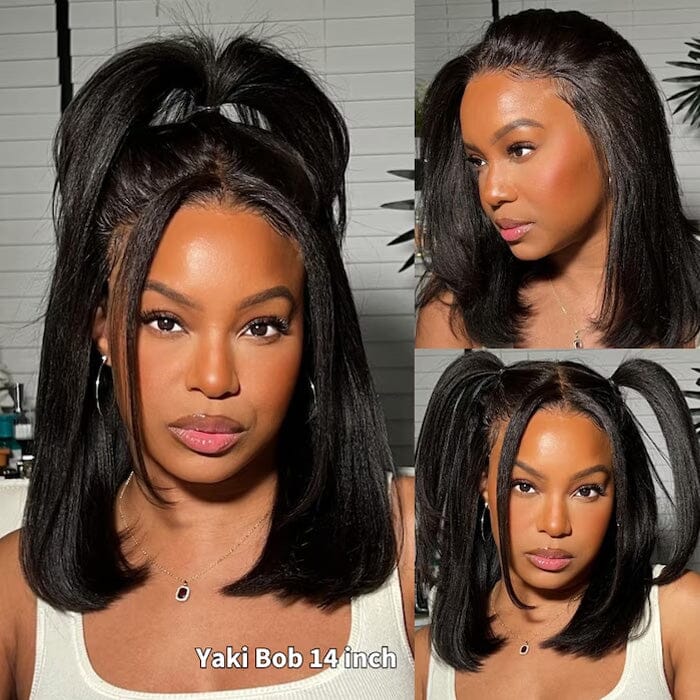 13x4 Kinky Straight Bob Wigs Pre Plucked Yaki Straight Lace Closure Wig Human Hair ｜QT Hair