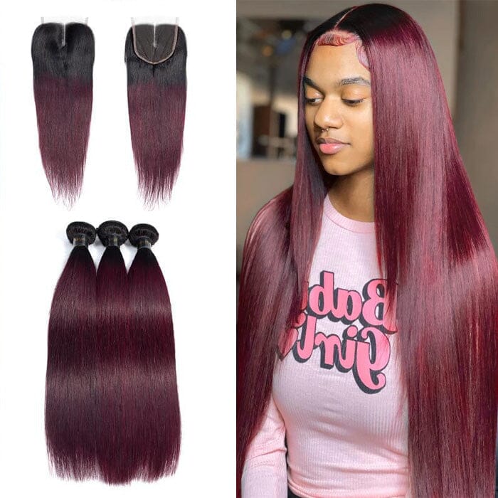 1B/99J Ombre Hair Weave 3 Pcs Straight with 4x4 Lace Closure 100% ...