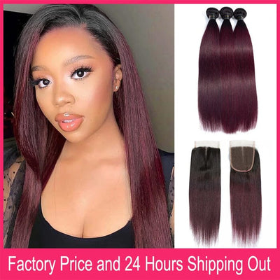 1B/99J Ombre Hair Weave 3 Pcs Straight with 4x4 Lace Closure 100% Virgin Human Hair ｜QT Hair