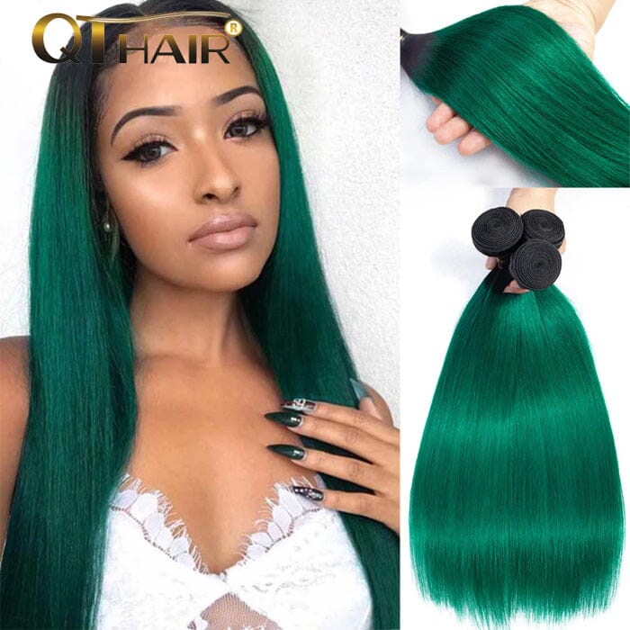 1B/Green Ombre Hair Staight 3 Bundles with Closure Dark Roots Turquoise Human Hair