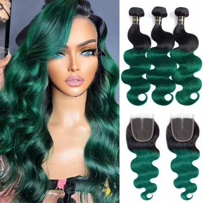 1B/Green Ombre Hair Weave 3 Pcs Body Wave Human Hair with Lace Closure ｜QT Hair