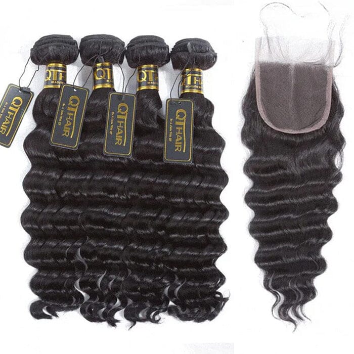 Brazilian Virgin Human Hair 4 Bundles Loose Deep Wave with 4x4 Lace Closure