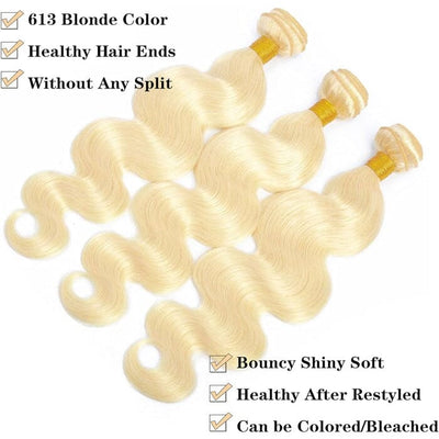 613 Honey Blonde Color Human Hair 3 Bundles with 13x4 Lace Frontal Body Wave ｜QT Hair