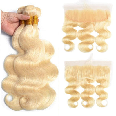 613 Honey Blonde Color Human Hair 3 Bundles with 13x4 Lace Frontal Body Wave ｜QT Hair