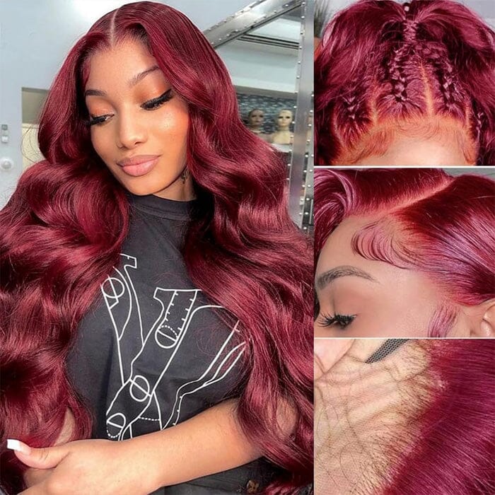 99J Color 13x4 13x6 Lace Frontal Wigs Wine Red Colored Human Hair ｜QT Hair