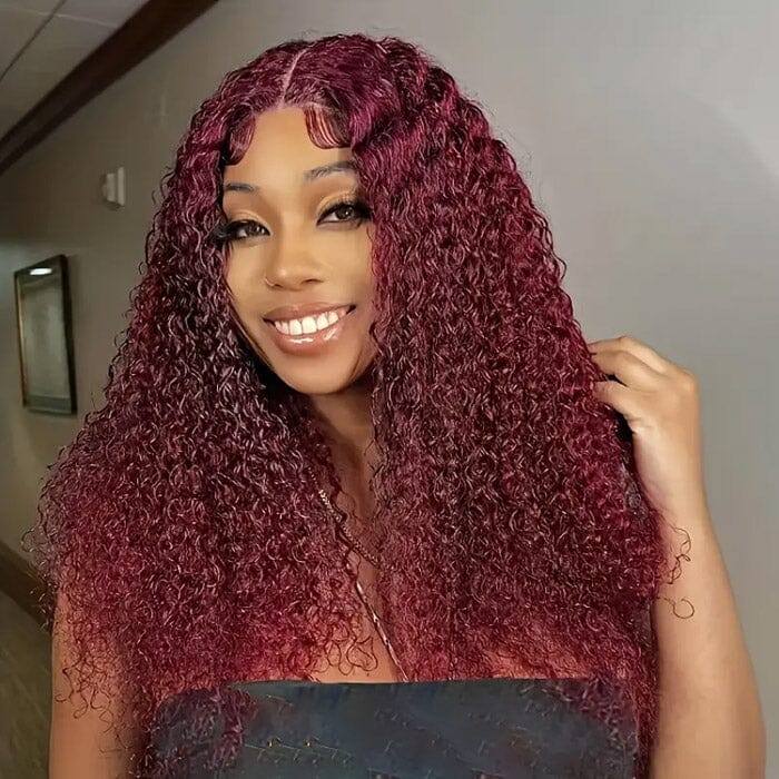 99J Dark Red Color Lace Closure Wigs Pre Plucked Jerry Curly Human Hair ｜QT Hair