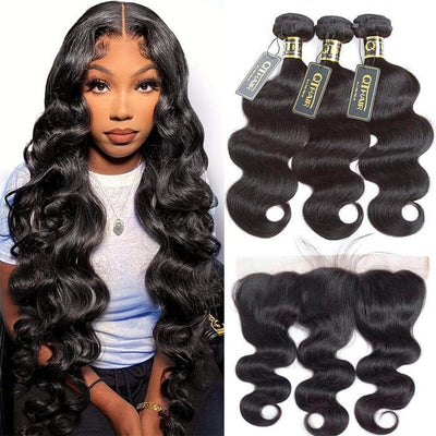 Body Wave 3 Bundles with Lace Frontal Virgin Human Hair Weave Extensions for Women ｜QT Hair