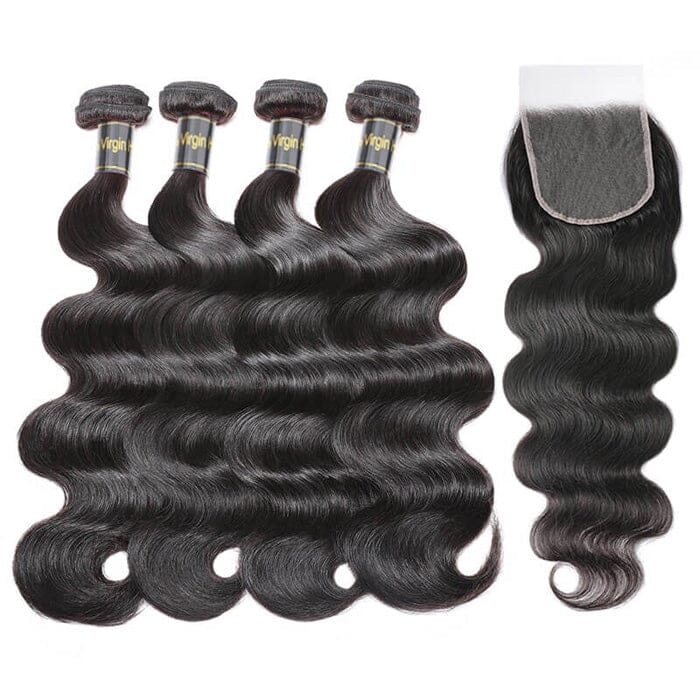 Body Wave 4 Pcs Hair Bundles with Lace Closure Virgin Human Hair Natural Black Color ｜QT Hair