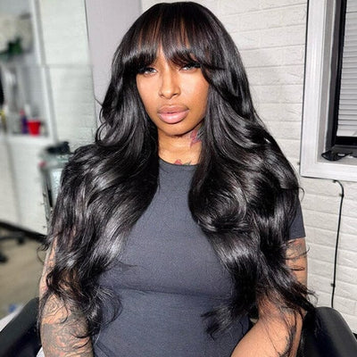 14A Virgin Body Wave Human Hair Wigs with Bangs 150% Density None Lace Front Wigs Glueless Machine Made Wigs for Black Women ｜QT Hair