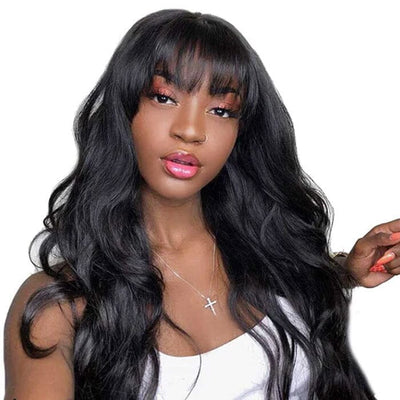 14A Virgin Body Wave Human Hair Wigs with Bangs 150% Density None Lace Front Wigs Glueless Machine Made Wigs for Black Women