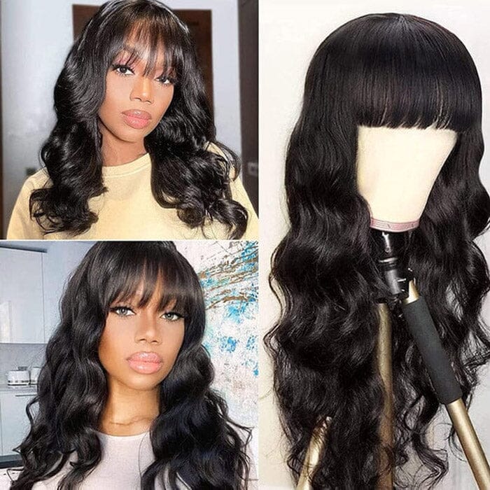 14A Virgin Body Wave Human Hair Wigs with Bangs 150% Density None Lace Front Wigs Glueless Machine Made Wigs for Black Women ｜QT Hair