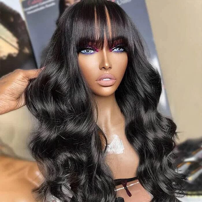 14A Virgin Body Wave Human Hair Wigs with Bangs 150% Density None Lace Front Wigs Glueless Machine Made Wigs for Black Women ｜QT Hair