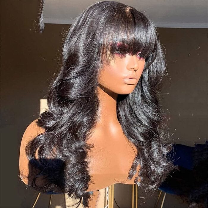 14A Virgin Body Wave Human Hair Wigs with Bangs 150% Density None Lace Front Wigs Glueless Machine Made Wigs for Black Women ｜QT Hair