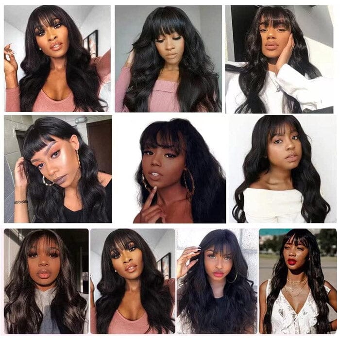 14A Virgin Body Wave Human Hair Wigs with Bangs 150% Density None Lace Front Wigs Glueless Machine Made Wigs for Black Women ｜QT Hair