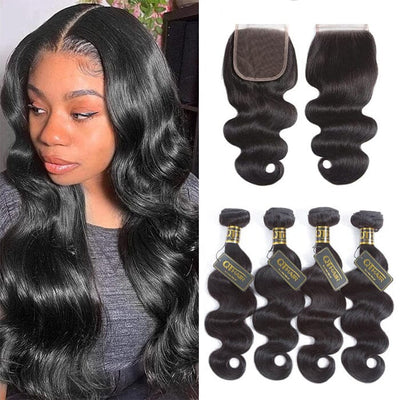 Brazilian Body Wave 4 Pcs Hair Bundles with Lace Closure 100% Unprocessed Human Hair ｜QT Hair