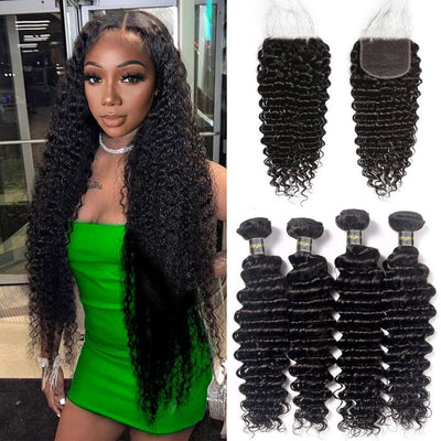Brazilian Deep Wave Human Hair 4 Bundles with 4*4 Lace Closure with Baby Hair