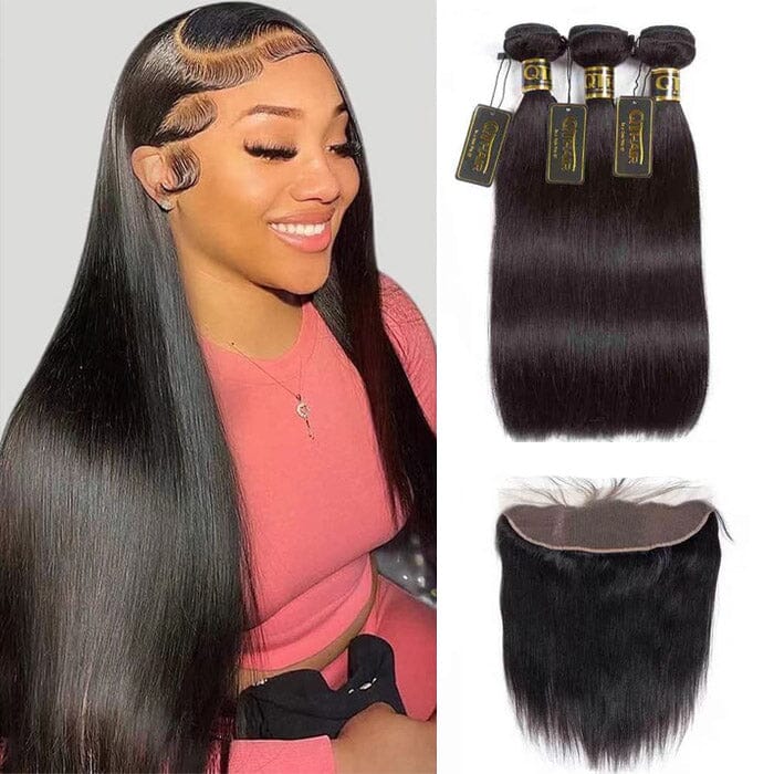 Brazilian Straight Human Hair Weave 3 Bundles with 13x4 Lace Frontal Natural Color ｜QT Hair