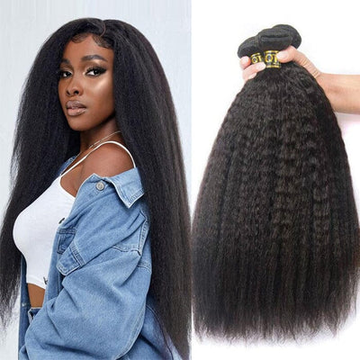 QT Hair Kinky Straight Human Hair Weave Bundles with Swiss Lace Closure
