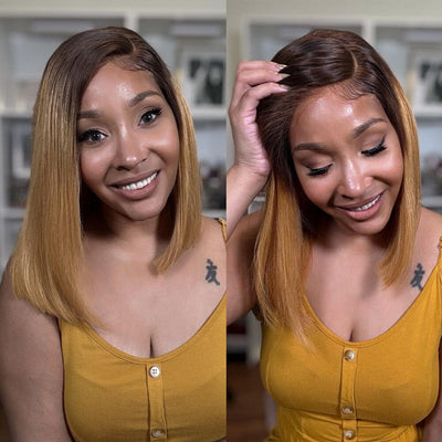 Ombre Brown Honey Blonde Color Lace Wigs Pre Plucked Short Bob Double Drawn Raw Human Hair