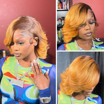 Ombre Brown Honey Blonde Color Lace Wigs Pre Plucked Short Bob Double Drawn Raw Human Hair