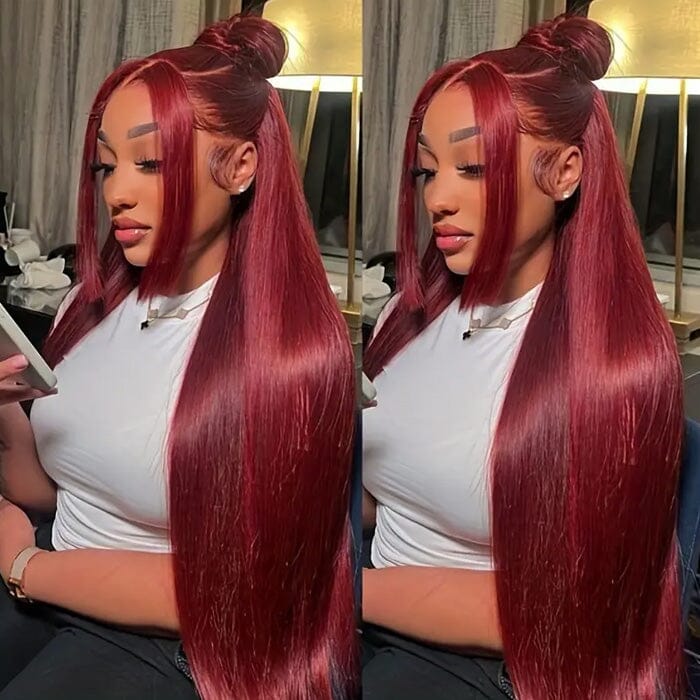 QT Burgundy Color Silky Bone Straight Lace Wigs Pre Plucked Human Hair for Women ｜QT Hair