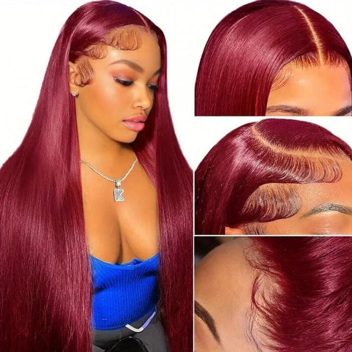 QT Burgundy Color Silky Bone Straight Lace Wigs Pre Plucked Human Hair for Women ｜QT Hair