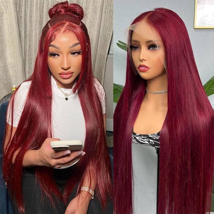 QT Burgundy Color Silky Bone Straight Lace Wigs Pre Plucked Human Hair for Women ｜QT Hair