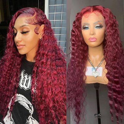 Deep Wave 13x4 13x6 Lace Frontal Wigs Burgundy 99J Color Human Hair ｜QT Hair