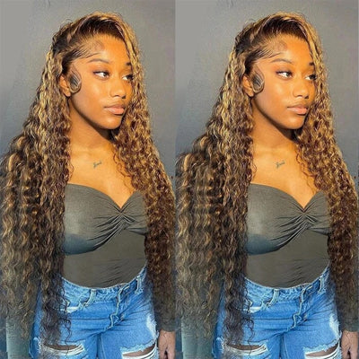 Deep Wave 13x4 13x6 Lace Frontal Wigs Ombre Highlight Brown Human Hair ｜QT Hair