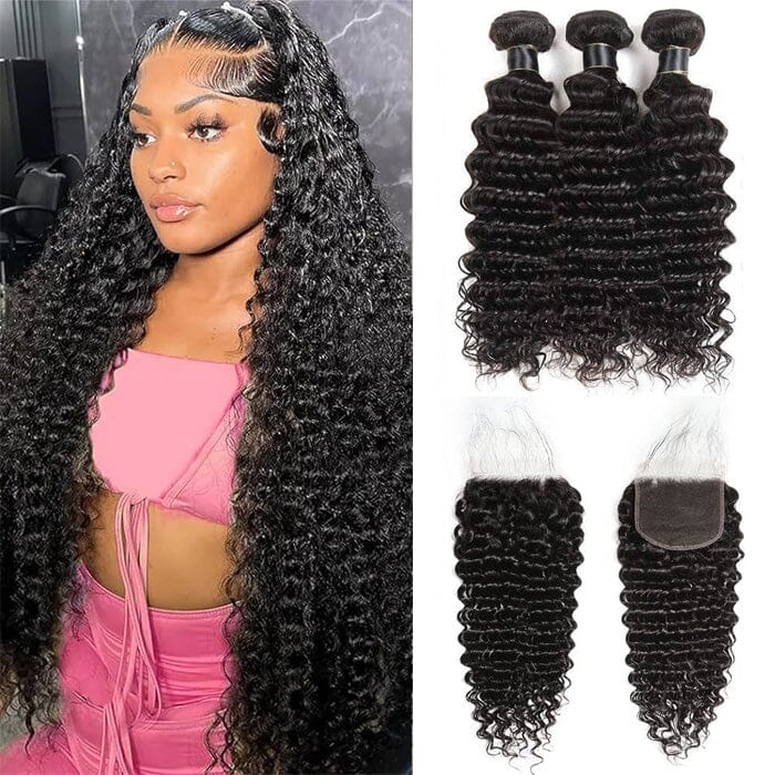 Deep Wave Virgin Human Hair Bundles with Closure Brazilian Hair Weave Extensions ｜QT Hair