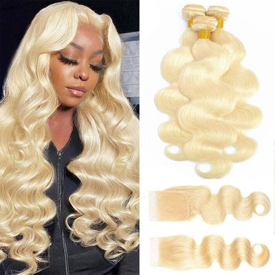 Indian Body Wave 613 Blonde Color Human Hair 3 Bundles with 4x4 Lace Closure ｜QT Hair