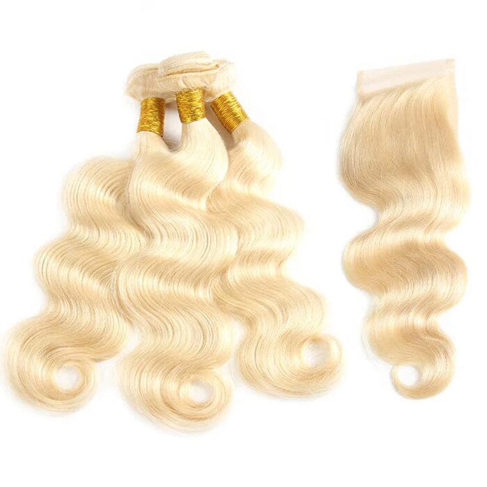 Indian Body Wave 613 Blonde Color Human Hair 3 Bundles with 4x4 Lace Closure ｜QT Hair