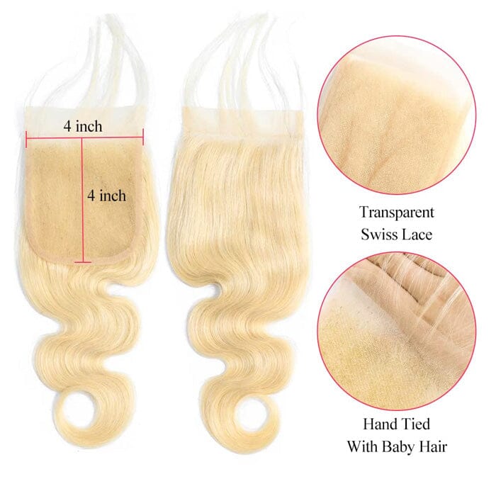 Indian Body Wave 613 Blonde Color Human Hair 3 Bundles with 4x4 Lace Closure