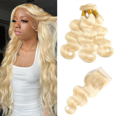 Indian Body Wave 613 Blonde Color Human Hair 3 Bundles with 4x4 Lace Closure