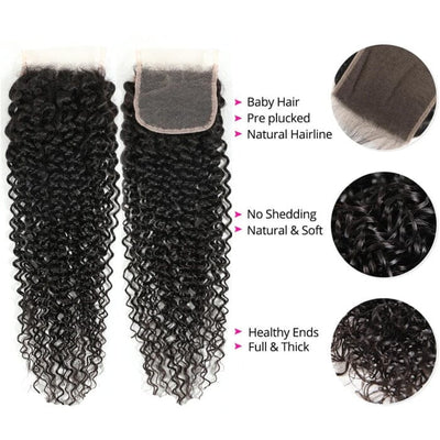Peruvian Human Hair Jerry Curly 3 Bundles Hair Weft with 4*4 Lace Closure Pre Plucked ｜QT Hair