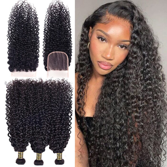 Indian Jerry Curly 3 Bundles with 4x4 Lace Closure Virgin Human Hair Extensions ｜QT Hair