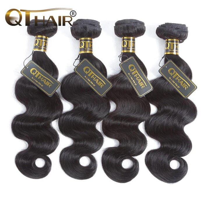 Indian Raw Hair Body Wave 4 Bundles Virgin Human Hair Weave with Lace Closure ｜QT Hair