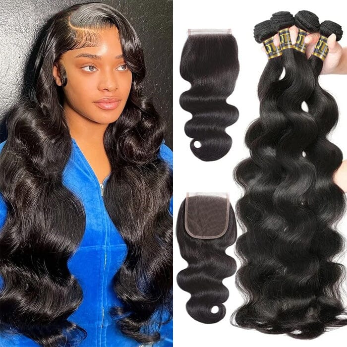 Indian Raw Hair Body Wave 4 Bundles Virgin Human Hair Weave with Lace Closure ｜QT Hair