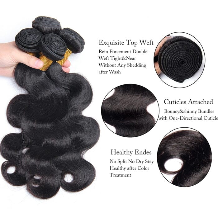 Body Wave 4 Pcs Hair Bundles with Lace Closure Virgin Human Hair Natural Black Color ｜QT Hair
