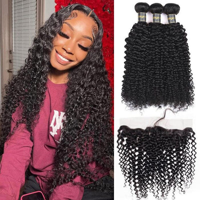 Indian Raw Human Hair Curly Lace Frontal with 3 Bundles Hair Weave ｜QT Hair