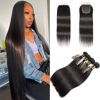 Indian Straight Raw Virgin Human Hair 4 Bundles with 4*4 Lace Closure Pre Plucked