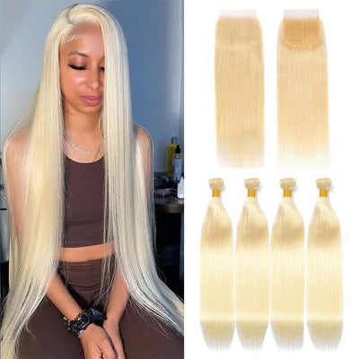 Indian Straight Virgin Human Hair Color 613 Blonde 4 Bundles with 4x4 Lace Closure ｜QT Hair