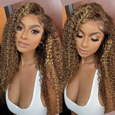 Jerry Curly Honey Blonde Brown Color Highlight Lace Frontal Wigs Human Hair ｜QT Hair