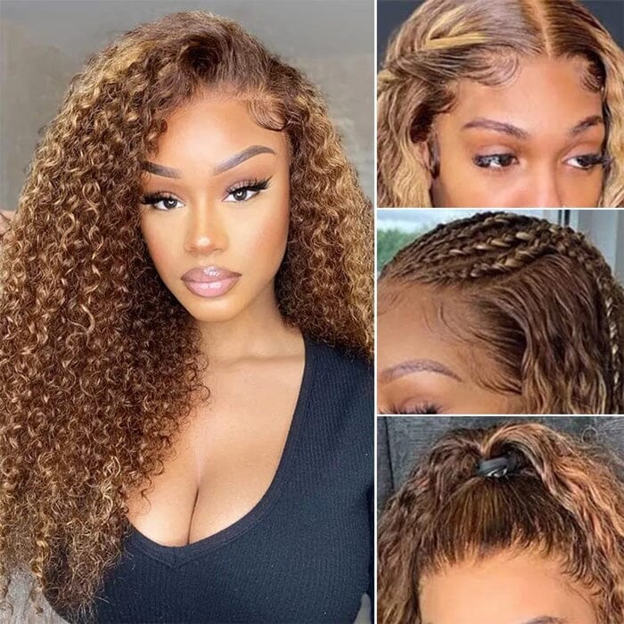 Jerry Curly Honey Blonde Brown Color Highlight Lace Frontal Wigs Human Hair ｜QT Hair
