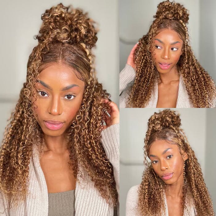 Jerry Curly Glueless 8x5 Pre Cut Lace Wig Pre Plucked Ombre Highlight Human Hair
