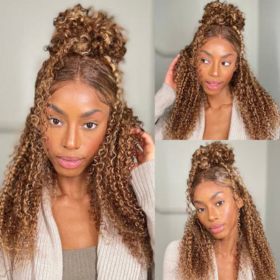 Jerry Curly Glueless 8x5 Pre Cut Lace Wig Pre Plucked Ombre Highlight Human Hair
