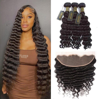 Loose Deep Wave 3 Bundles with Lace Frontal Virgin Human Hair Extensions ｜QT Hair